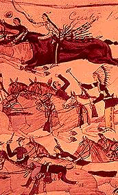 Amos Bad Heart Bull's drawing of the defeat of Custer at Little Bighorn (Artistic celebration of Indian victory)